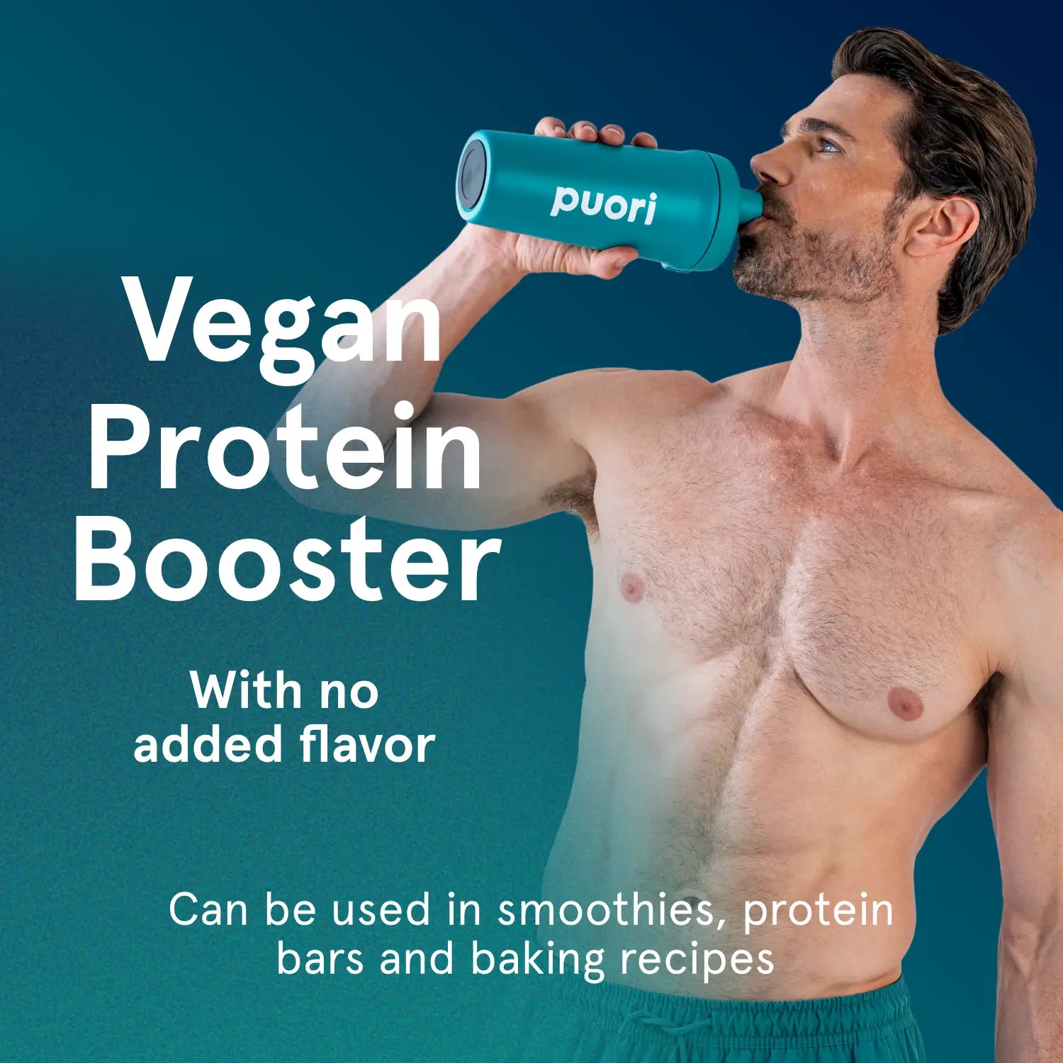 Man drinking from a Puori shaker — 'Vegan Protein Booster with no added flavor, can be used in smoothies, protein bars and baking recipes'